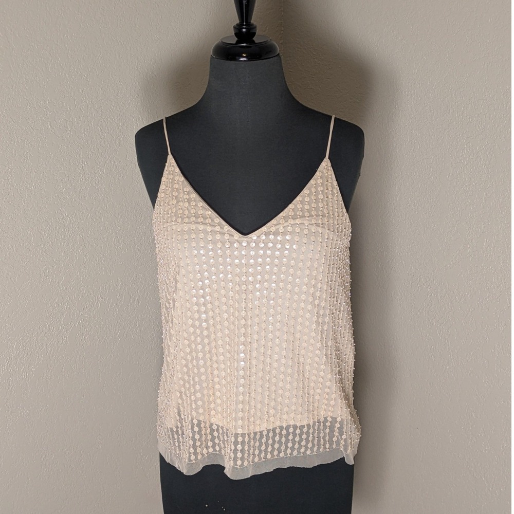 H&M Women's Size 6 Sequin Beaded Camisole Top Beige V-Neck Spaghetti Strap